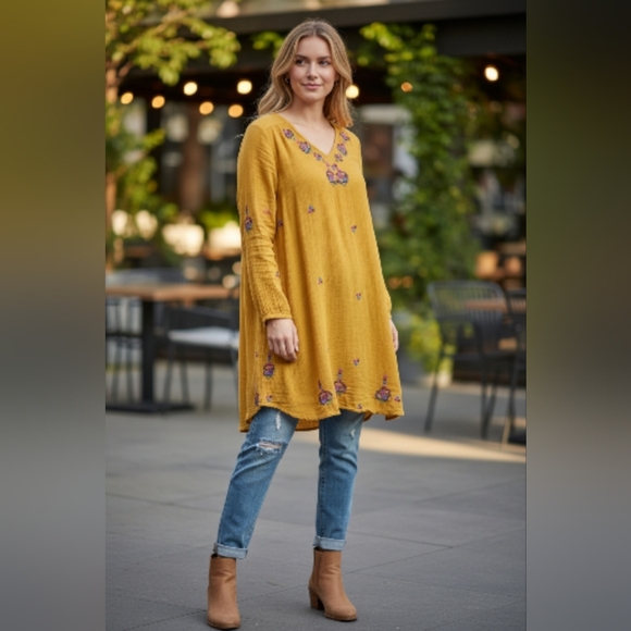 Japna Tops - Japana Mustard Floral Embroidered Tunic Top